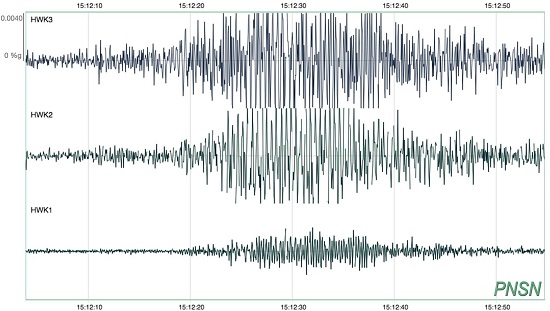 A seismogram showing the shaking caused by fans dancing in the stands during a break in the Seattle Seahawks game against the Green Bay Packers.