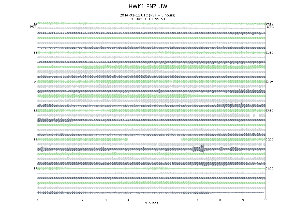 A non-annotated seismogram of the Saints vs Seahawks 2014 NFC Divisional Round game from station HWK1 showing shaking caused by fans after major plays throughout the game.