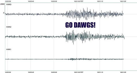 A seismogram showing the shaking caused by fans after Jermaine Kearse scored a touchdown during the NFC Divisional Round game between the Seattle Seahawks and the Carolina Panthers. The words "Go Dawgs!" are annotated above the seismogram, referring to the University of Washington's mascot, who Kearse played college football for.