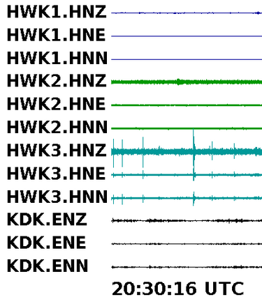 Fan-o-meter showing all of the channels from each HWK and KDK station. There are several large spikes on the HWK3 seismogram channels.